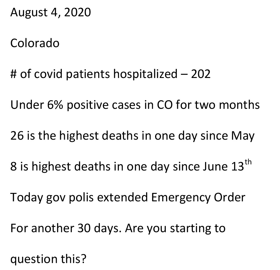 realnormal316's tweet photo. Colorado governor extended the Emergency Order for another 30 days today. These are our current numbers, why is he able to do this? (Source CDPHE website)
#TakeColoradoBack #ImpeachJaredPolis #Trump2020 #KAG2020
@realDonaldTrump @DOJPH https://t.co/X470BQ0aMq