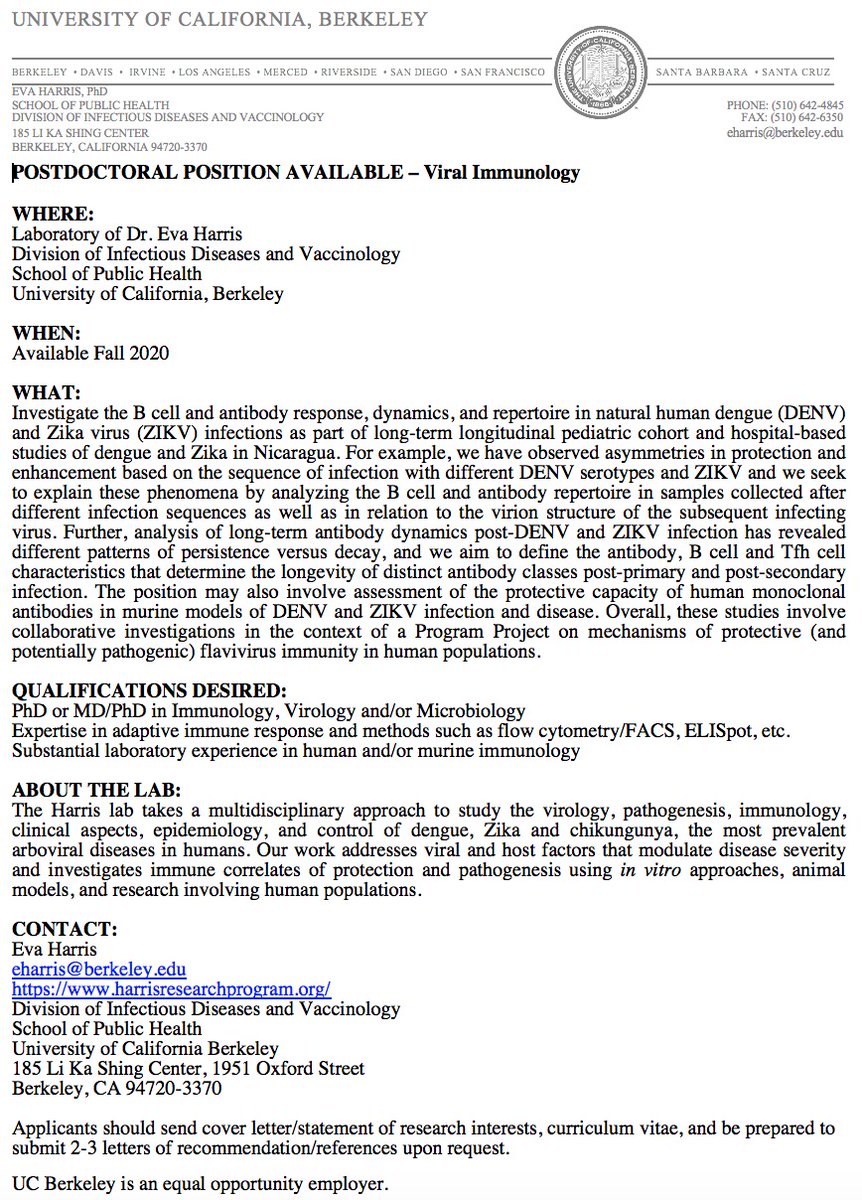 It's true! We're hiring a postdoc in viral immunology! Here's the ad for the new position. Come work as part of our multidisciplinary team focusing on dengue and Zika virus immunology. I look forward to reading your applications :)