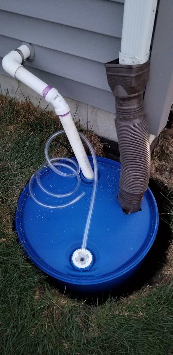 gm8585's tweet image. Solved a problem today.
Ejector pump runs a lot and because a complete moron graded our yard, it floods the property line enough that our neighbors got a bridge for the kids. Bought a 55 gal drum and an aquarium pump and dug a big ass hole (26&quot; x 36&quot;). #HomeEngineering