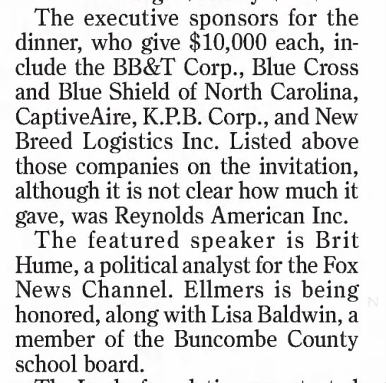 More fundraising for GOP politicians. Here New Breed, Inc., is modestly paying $10,000 for a seat at the table to listen to Brit Hume of FOX News.CLIPPED FROMThe News and ObserverRaleigh, North Carolina21 Dec 2011, Wed • Page B3/14