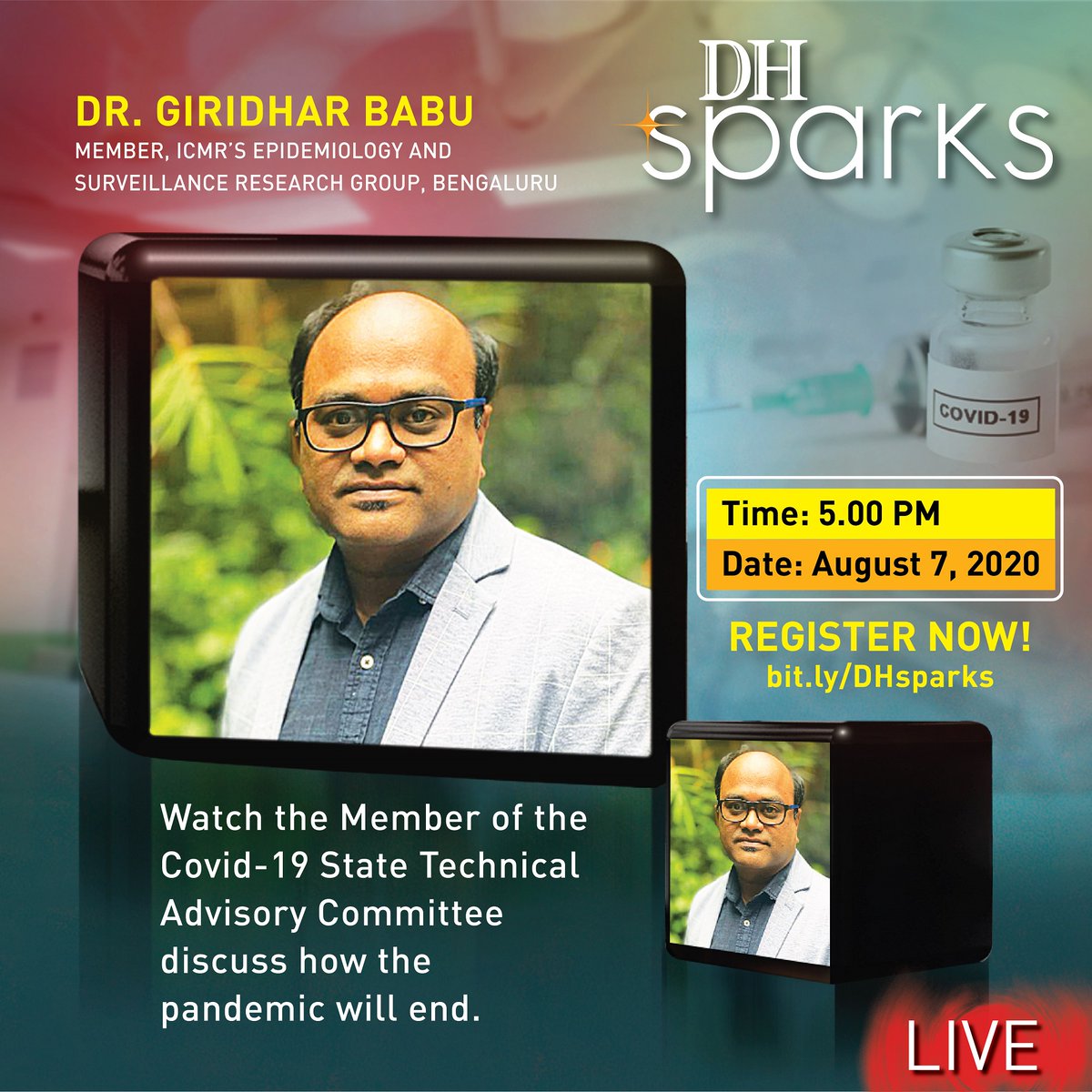 #DHSparks | Covid-19: How will the pandemic end?

Join us this week as we speak to Dr. Giridhar Babu (@epigiri), a member of the Karnataka #COVID19 state technical advisory committee, on the likely outcomes of the pandemic. 

Register now: bit.ly/DHsparks