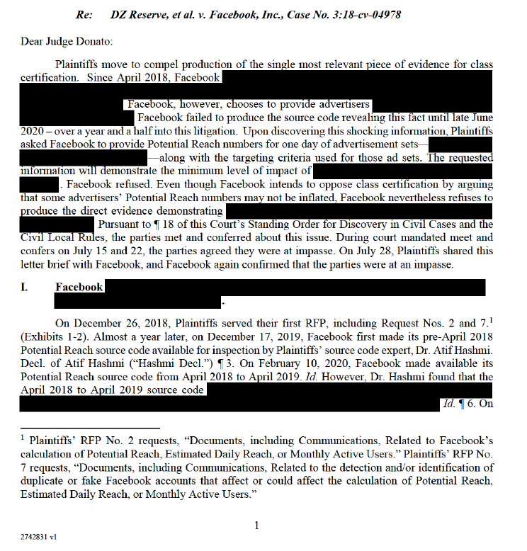 more docs just posted in Facebook's faulty reach metrics case. More  from previous reports. Docs are heavily redacted (DCN has requested they be unsealed) but provide tantalizing clues. Plaintiff's letter references "single most relevant" evidence in Apr 2018? (update 1/4)