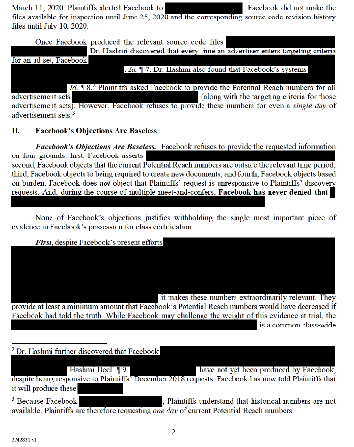 more docs just posted in Facebook's faulty reach metrics case. More  from previous reports. Docs are heavily redacted (DCN has requested they be unsealed) but provide tantalizing clues. Plaintiff's letter references "single most relevant" evidence in Apr 2018? (update 1/4)