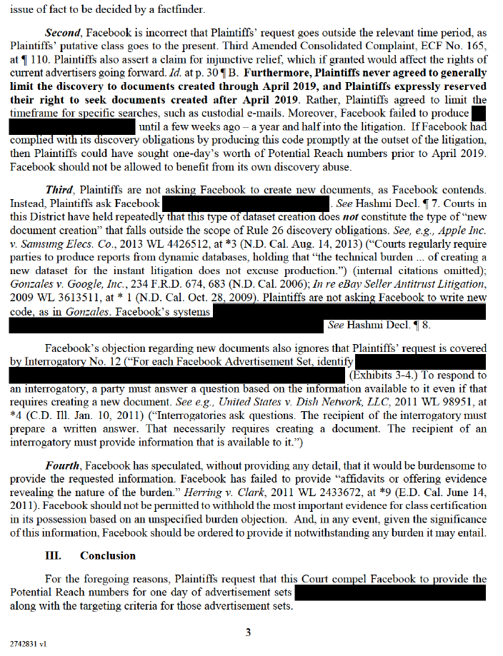 more docs just posted in Facebook's faulty reach metrics case. More  from previous reports. Docs are heavily redacted (DCN has requested they be unsealed) but provide tantalizing clues. Plaintiff's letter references "single most relevant" evidence in Apr 2018? (update 1/4)