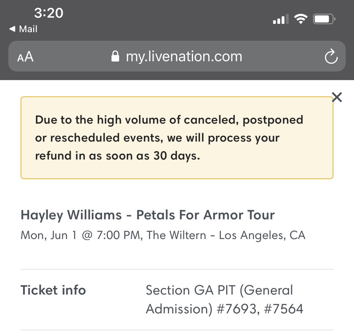 phamous's tweet photo. Officially “cancelled” instead of postponed 😭 of course it’s when I manage to get GA PIT tickets lol #petalsforarmor #hayleywilliams https://t.co/2nJyYNPRsG