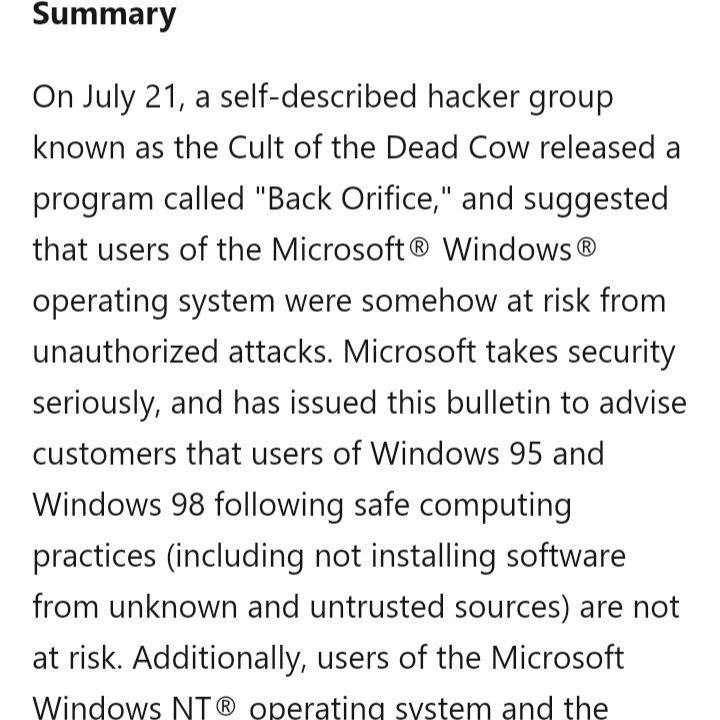 todayininfosec's tweet photo. 1998: Microsoft published critical security bulletin MS98-010, titled 'Information on the "Back Orifice" Program'. https://t.co/TxurOv4Qxs https://t.co/3ibXCeVstD