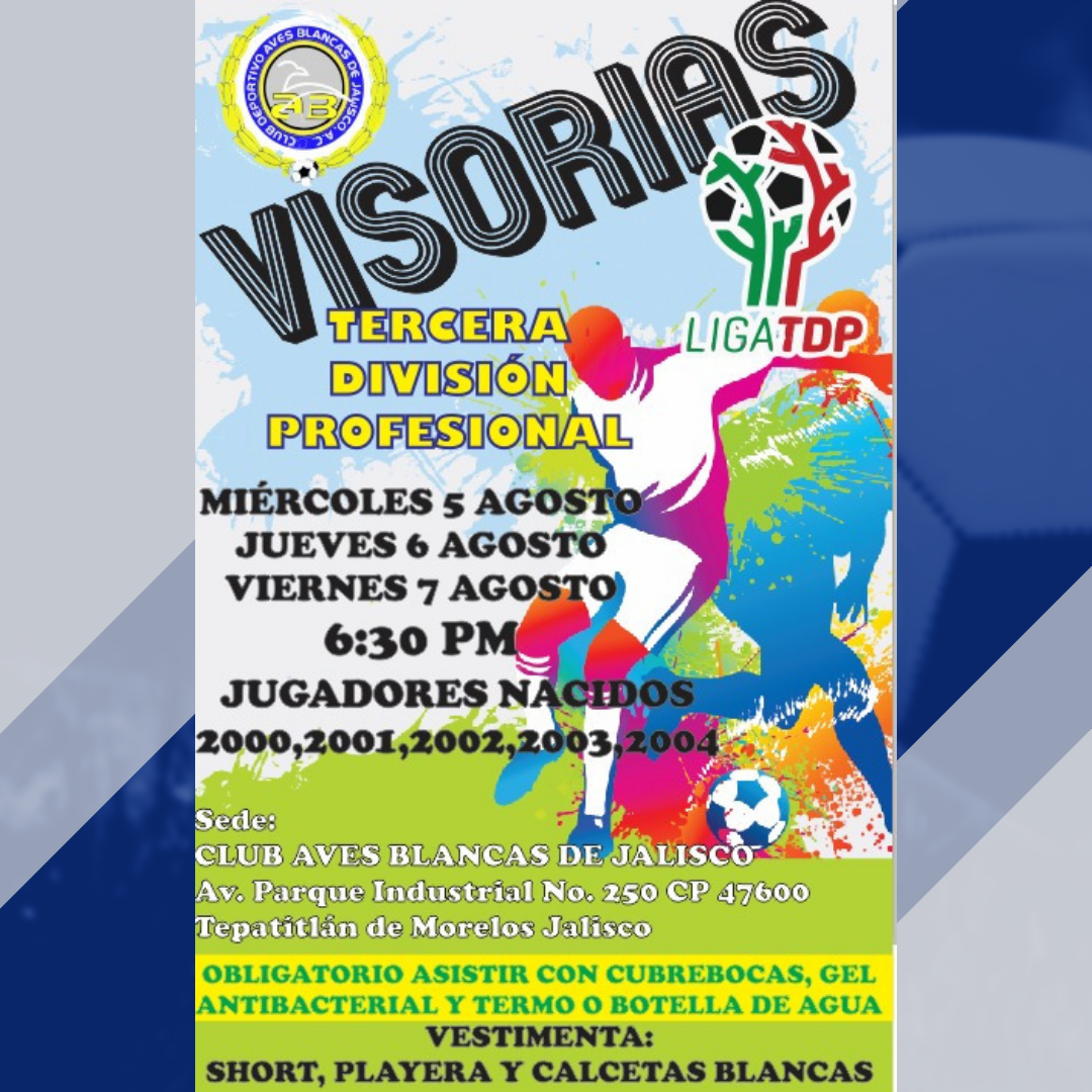 Quieres formar parte de nuestro equipo de Tercera división Profesional o de nuestras fuerzas Básicas, asiste a las visorias!

⚪🔵⚽🏃 ⠀
#avesblancas #somosaves #tepatitlan #ligatdp