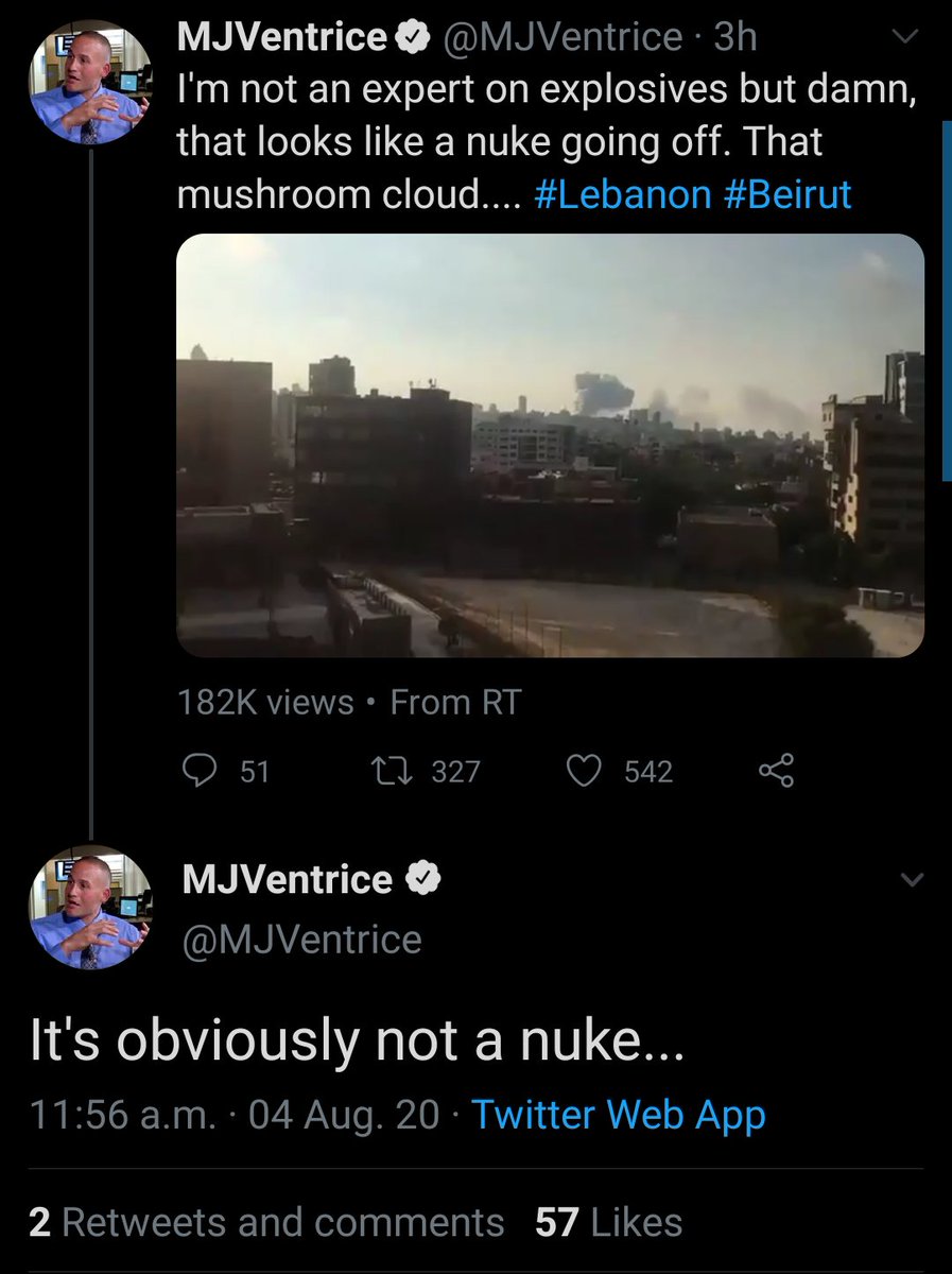 2/ Only 11 minutes after  @ANTHONYBLOGAN's original post,  @MJVentrice posts a video from RT (Kremlin Outlet). He also says "looks like a nuke"He tries to clarify quickly, but clearly doesn't want to delete the Tweet. It travels fast due to his verified status.