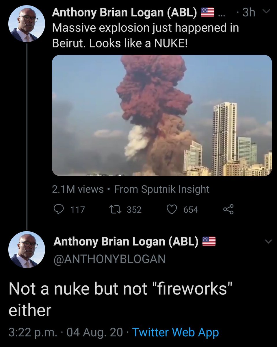 1/ At 11:44AM,  @ANTHONYBLOGAN posted a Sputnik Insight (Kremlin Outlet), video saying that the explosion "Looks like a NUKE!"About 3.5 hours later, he clarifies "Not a nuke" but still raises suspicion about the official story.By then the video has over 2.1M views.
