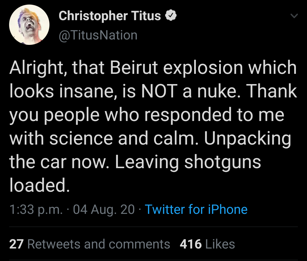 4/ At about 1:12 PM, comedian  @TitusNation irresponsibly furthers the "nuke" narrative.He posts about it several times (twice referring to it as a nuke), before clearly stating it is NOT one.This is in a span of under 20 minutes.