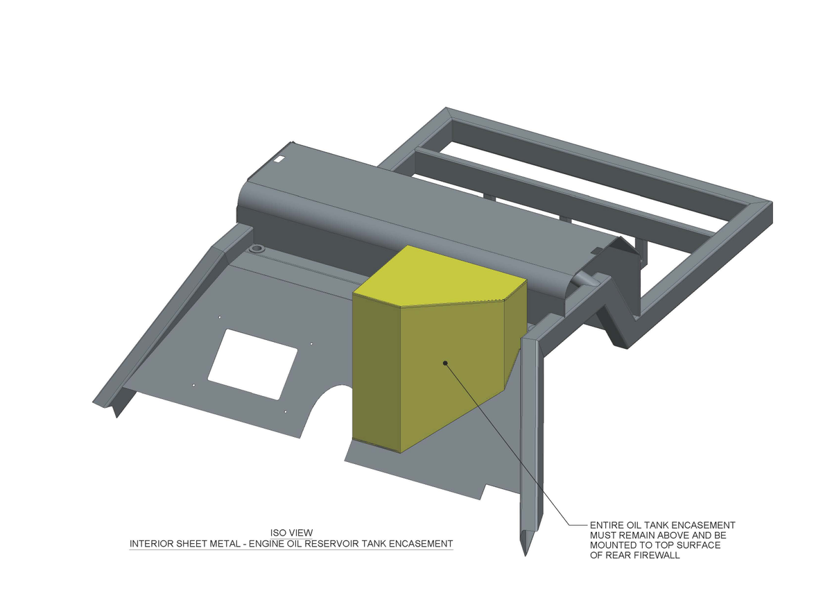 The oil in a Cup car is stored in an oil tank located in the rear of the car with lines running to it on the leftside floorboard. The yellow box here is the cover for the oil tank.