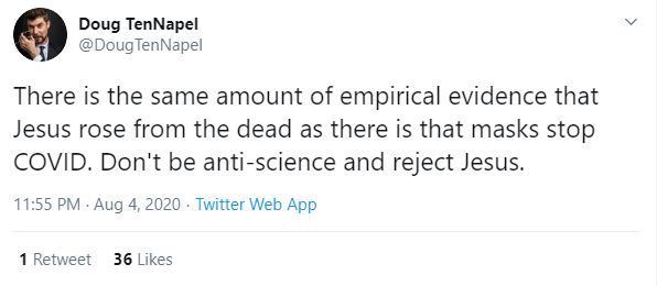 On the same day Doug TenNapel goes off on another anti-abortion screed, he continues to falsely claim masks don't offer protection from viruses, simply because he doesn't want to wear one."Pro-life" until the life is born, then fuck those kids I guess.