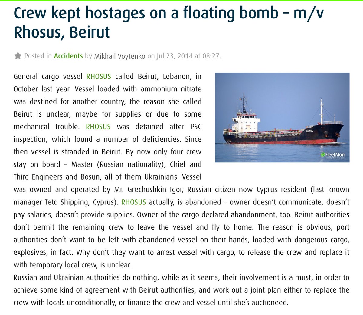 this website claims that the crew of the ship was Russian and Ukrainian  https://www.fleetmon.com/maritime-news/2014/4194/crew-kept-hostages-floating-bomb-mv-rhosus-beirut/