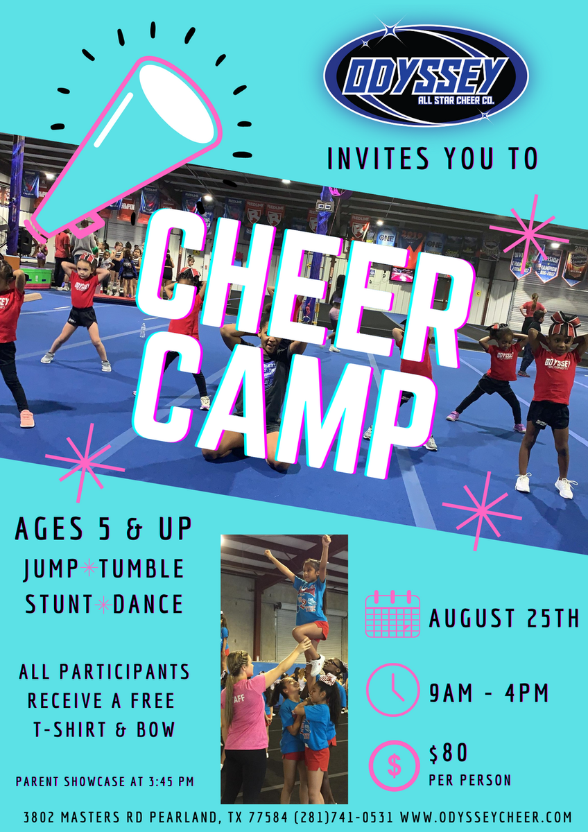 Join us for one last summer event!!  Odyssey Mini Cheer Camp is designed to introduce or improve fundamental cheerleading skills including motions, jumps, dance and tumbling.  Our fun filled day camp will also focus on building teamwork skills &amp;spirit through various activities!