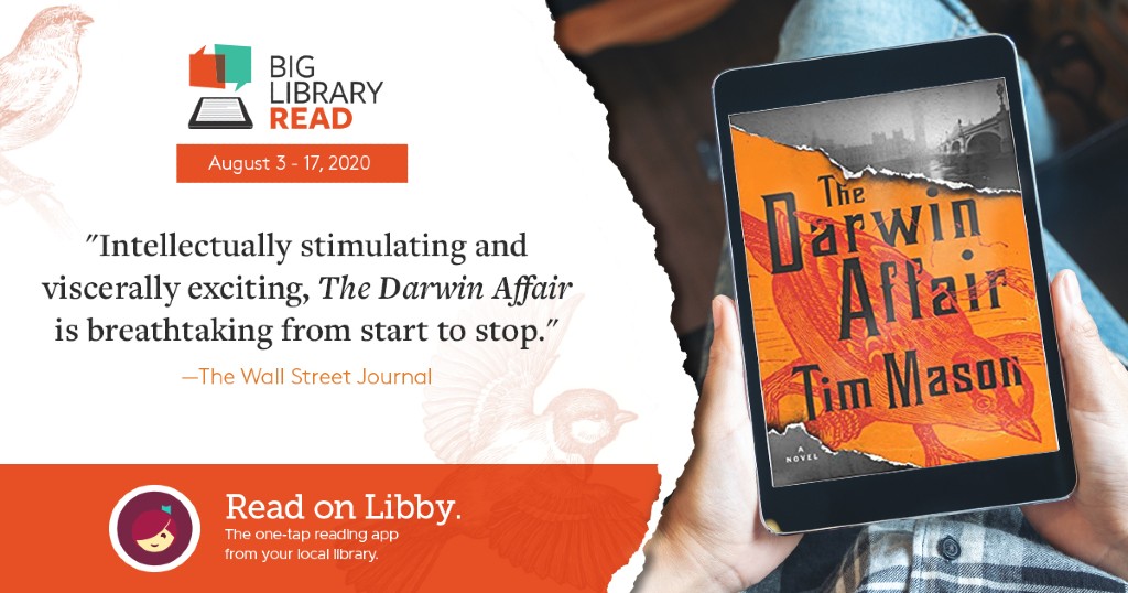 a tablet being held up with a book cover of the Darwin Affair being displayed