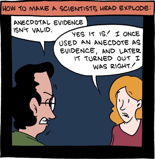 anecdotal evidence — just because your uncle says it’s true doesn’t mean it is (a broken clock is still right twice a day)