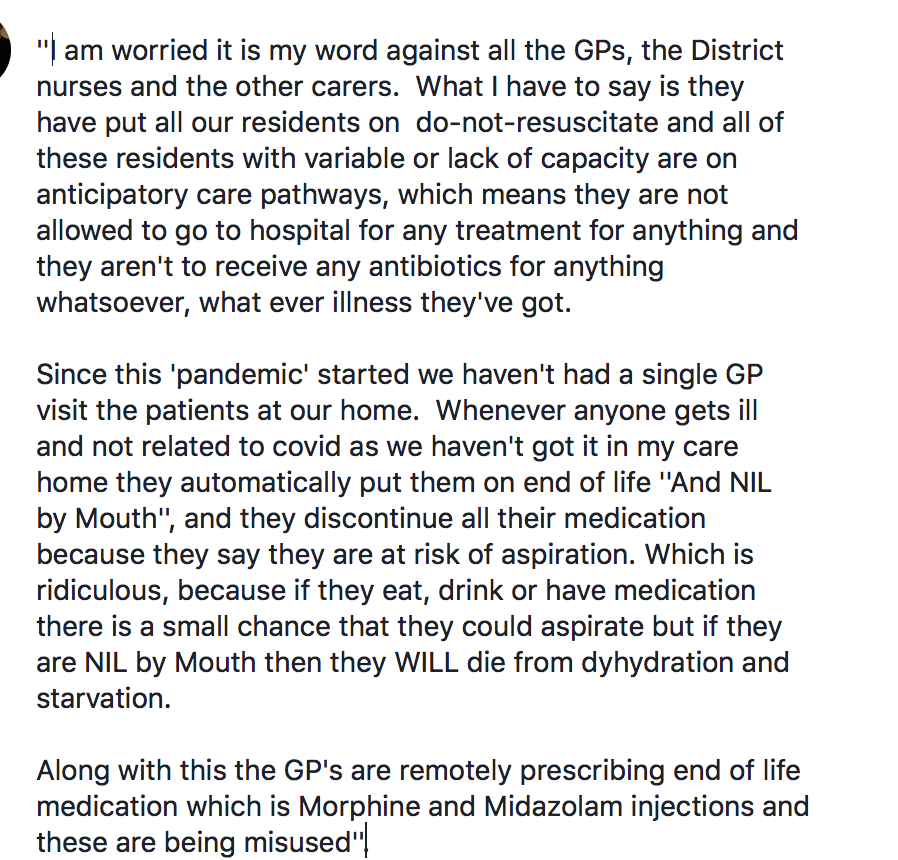A Care Worker speaks out about what is happening in a care home to eldery residents. They are literally culling the elderly right under our very noses. 
<a href="/CareQualityComm/">Care Quality Commission</a> <a href="/ageukcampaigns/">Age UK Campaigns</a> <a href="/MattHancock/">Matt Hancock</a> <a href="/BorisJohnson/">Boris Johnson</a> <a href="/KeeleyMP/">Baroness Keeley of Worsley (also on BlueSky)</a> <a href="/AlisonHoltBBC/">Alison Holt</a> <a href="/blimeysimon/">Simon Bottery</a> facebook.com/clare.wills1/v…