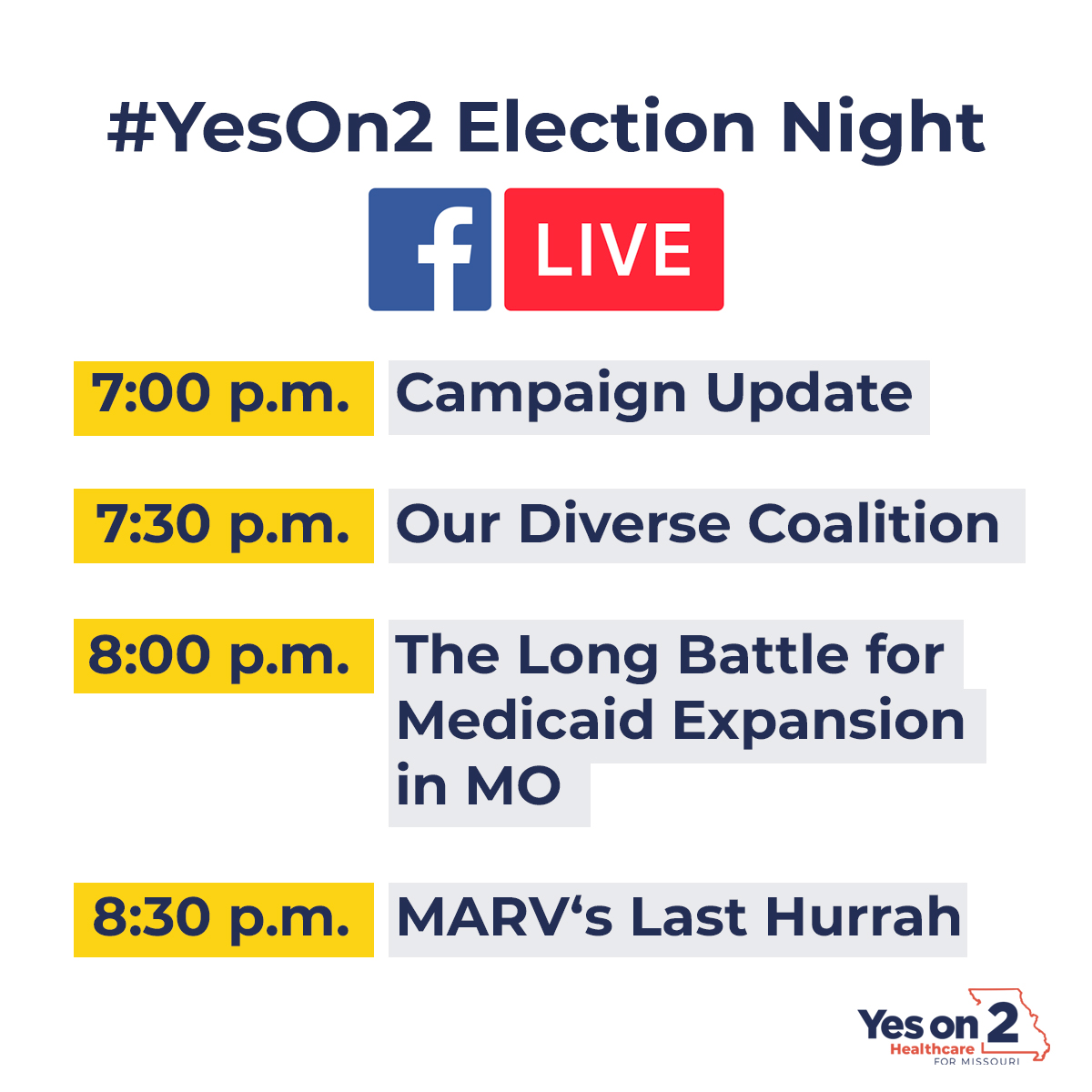 Follow our Facebook page all night for live election updates! We’ll be talking to volunteers, voters, and other supporters starting at 7!

Facebook.com/YesOn2MO