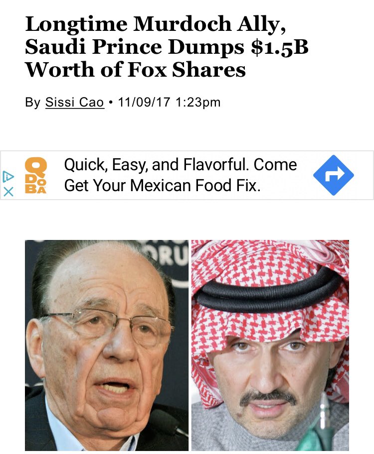 as a side note, it was Al-Waleed’s imprisonment in the Ritz Carlton that allowed the Disney/Fox merger to go through, as he was forced to sell off a sizable portion of his holdings, including $1.5B of Fox shares