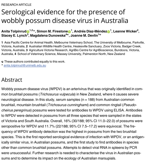 ApcahUnimelb's tweet photo. New work out in @PLOSONE from team member Anita Tolpinrud, detecting serological evidence of 'Wobbly Possum Disease' virus in Australian possum species, part of a collaboration between @FVASunimelb, @ZoosVictoria, @MasseyUni and @VicGovAg
#FVASresearch
https://t.co/sWpKvokqsR https://t.co/O2OkcqDZ2b