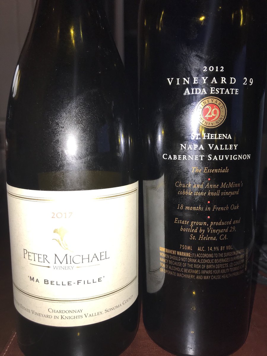 Poor quality pic but great juice. The Ma Belle Fille is the 2017. Huge Chard. The ⁦<a href="/Vineyard29/">Vineyard 29</a>⁩ Aida Estate is a 2012. Wow. So silky yet packed full of jammy berry fruit.