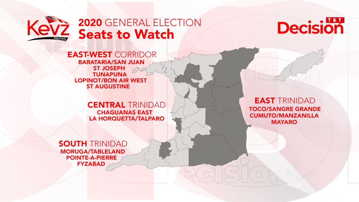 #DECISIONTT - SEATS TO WATCH: We have earmarked 13 seats spread across 4 regions in Trinidad to monitor during Monday's General Elections; this list includes traditional bellwether seats such as Barataria/San Juan, St Joseph &amp; Moruga/Tableland