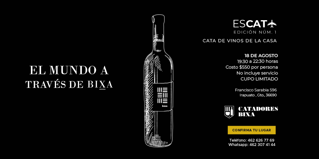 👉🏻Nos complace invitarlos a nuestra primera cata del año:🌎El Mundo a través de Bixa.🍷
👉🏻Nos vemos este 18 de Agosto a las 19:30 hrs.
Confirma tu lugar👇🏻
📞Teléfono: 462.626.77.69
📱Whatsapp: 462.307.41.44
Costo por persona $550.00 -CUPO LIMITADO 
#Irapuato #CatadoresBixa #Bixa