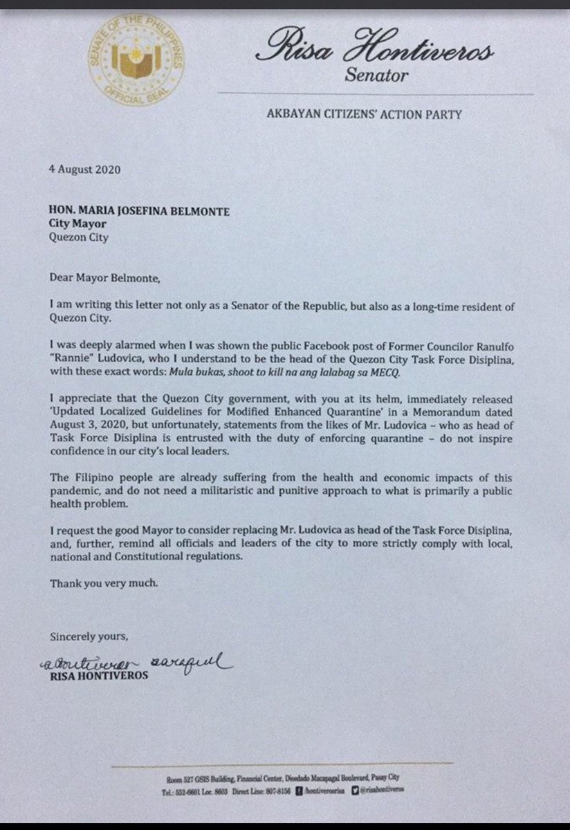 Sen ⁦<a href="/risahontiveros/">risa hontiveros</a>⁩ asks QC Mayor Joy Belmonte to replace Task Force Disiplina head Rannie Ludovica; Directs the Senate committee on local govt to probe Ludovica &amp; other reported abuses committed by LGU execs during quarantine period. | via <a href="/sherieanntorres/">sherrie ann torres</a>