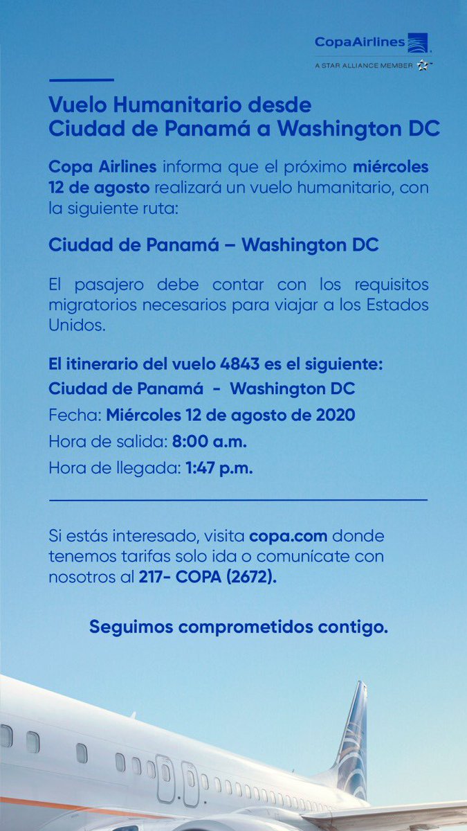 CopaAirlines's tweet photo. IMPORTANTE: Información sobre próximo vuelo humanitario saliendo de Panamá a Washington DC. Pasajeros interesados, favor contactarnos a nuestro centro de reservaciones al (507) 217- 2672 o visitar https://t.co/ZgRFo8MWkq https://t.co/m2KnVMazxm