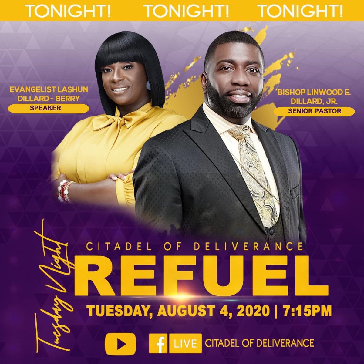 CitadelMemphis's tweet photo. Join us TONIGHT at 7:15PM | CST on FB Live for our Tuesday Night BibleStudy REFUEL with Bishop Linwood Dillard and Evangelist Lashun Dillard-Berry! Be sure to share with a friend #teamCITADEL #TuesdayNightREFUEL https://t.co/hzq2bEAiN7