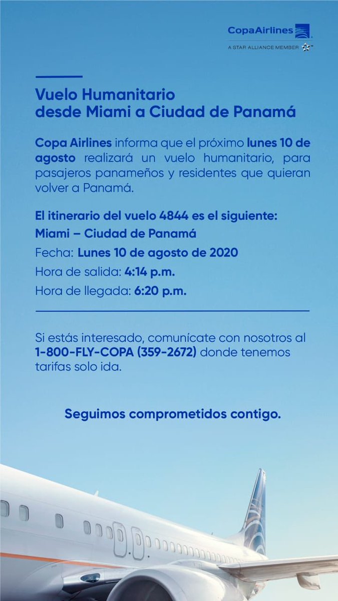 CopaAirlines's tweet photo. IMPORTANTE: Información sobre próximos vuelos humanitarios saliendo de Washington DC y Miami hacia Panamá. Pasajeros interesados, favor contactarnos a nuestro centro de reservaciones al (001) 800-359-2672 https://t.co/FNsmHSDo56