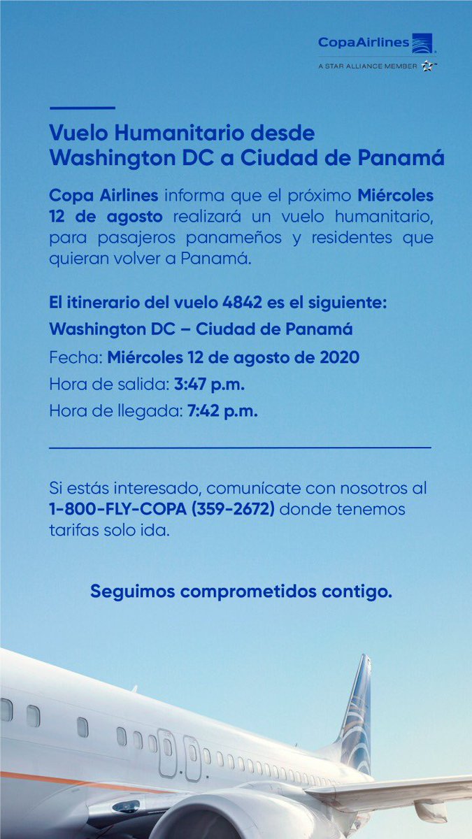 CopaAirlines's tweet photo. IMPORTANTE: Información sobre próximos vuelos humanitarios saliendo de Washington DC y Miami hacia Panamá. Pasajeros interesados, favor contactarnos a nuestro centro de reservaciones al (001) 800-359-2672 https://t.co/FNsmHSDo56