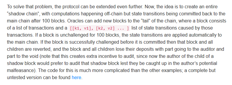 Going into the post itself, here’s the relevant bit. Looks a lot like optimistic rollups! There’s a chain, computation is off-chain, it’s fork-free, there’s fraud proofs, there’s rollbacks, and there’s even a bond that gets burned if fraud is proven.