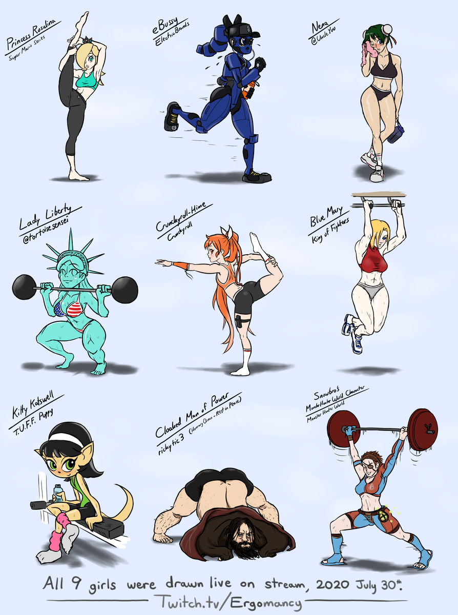 Ergo on X: Monthly 9 Queens Drawing Marathon from July 30 stream. ~30min  each drawing, workout theme. Chat chose who to draw, which includes  @UncleYuu's Nena, and @tortoisesensei's Lady Liberty. Don't worry