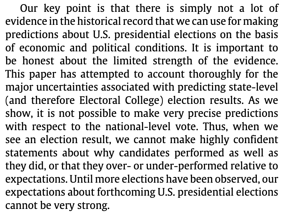 In 2015,  @benlauderdale and I did our best to address this in a research paper -- built a Bayesian model with lots of inputs, and still concluded: "Until more elections have been observed, our expectations about forthcoming U.S. presidential elections cannot be very strong."