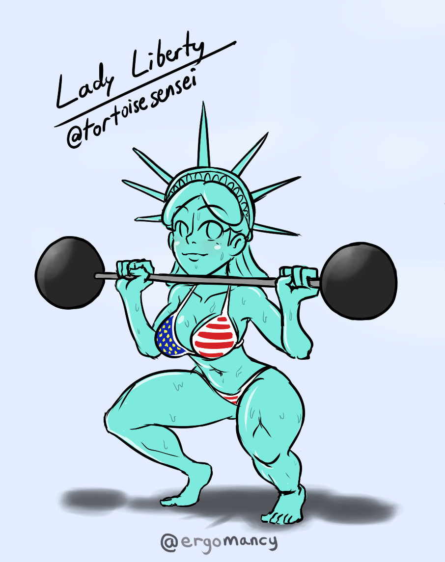 Ergo on X: Monthly 9 Queens Drawing Marathon from July 30 stream. ~30min  each drawing, workout theme. Chat chose who to draw, which includes  @UncleYuu's Nena, and @tortoisesensei's Lady Liberty. Don't worry