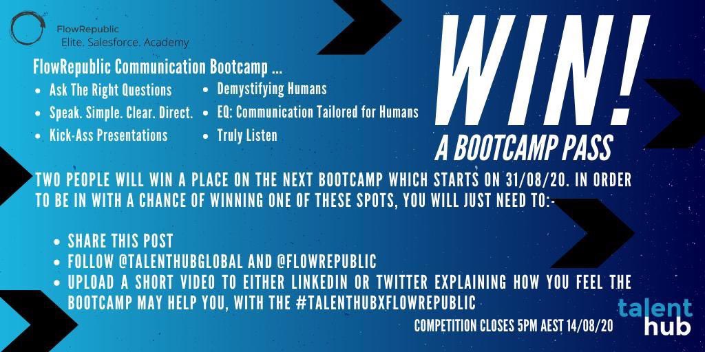 TalentHubGlobal's tweet photo. 2 people to win a place on the next bootcamp! To be in with a chance of winning you need to:
Share this post, follow TalentHubGlobal&amp;FlowRepublic&amp;upload a short video on Twitter explaining how you feel the bootcamp may help you&amp;make sure you post with: #TalentHubxFlowRepublic https://t.co/uUVtIDLbXl
