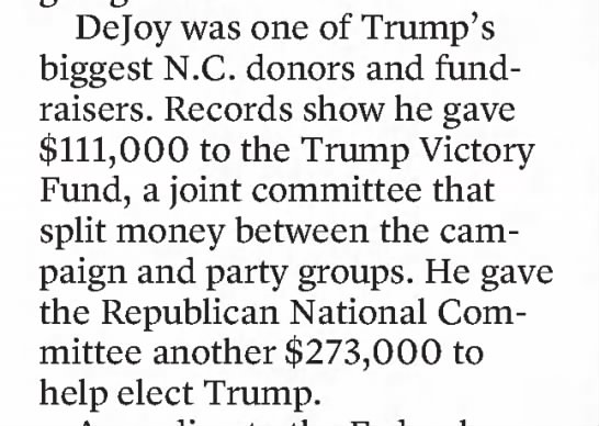 a non-chronological thread about Louis DeJoy, Trump's new Postmaster General:He's a huge fundraiser, both for Trump and the RNC. CLIPPED FROMThe Charlotte ObserverCharlotte, North Carolina04 Feb 2017, Sat • Page A15 /1