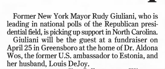 Louis DeJoy is an old friend of Rudy Giuliani. /2CLIPPED FROMThe News and ObserverRaleigh, North Carolina02 Apr 2007, Mon • Page B5