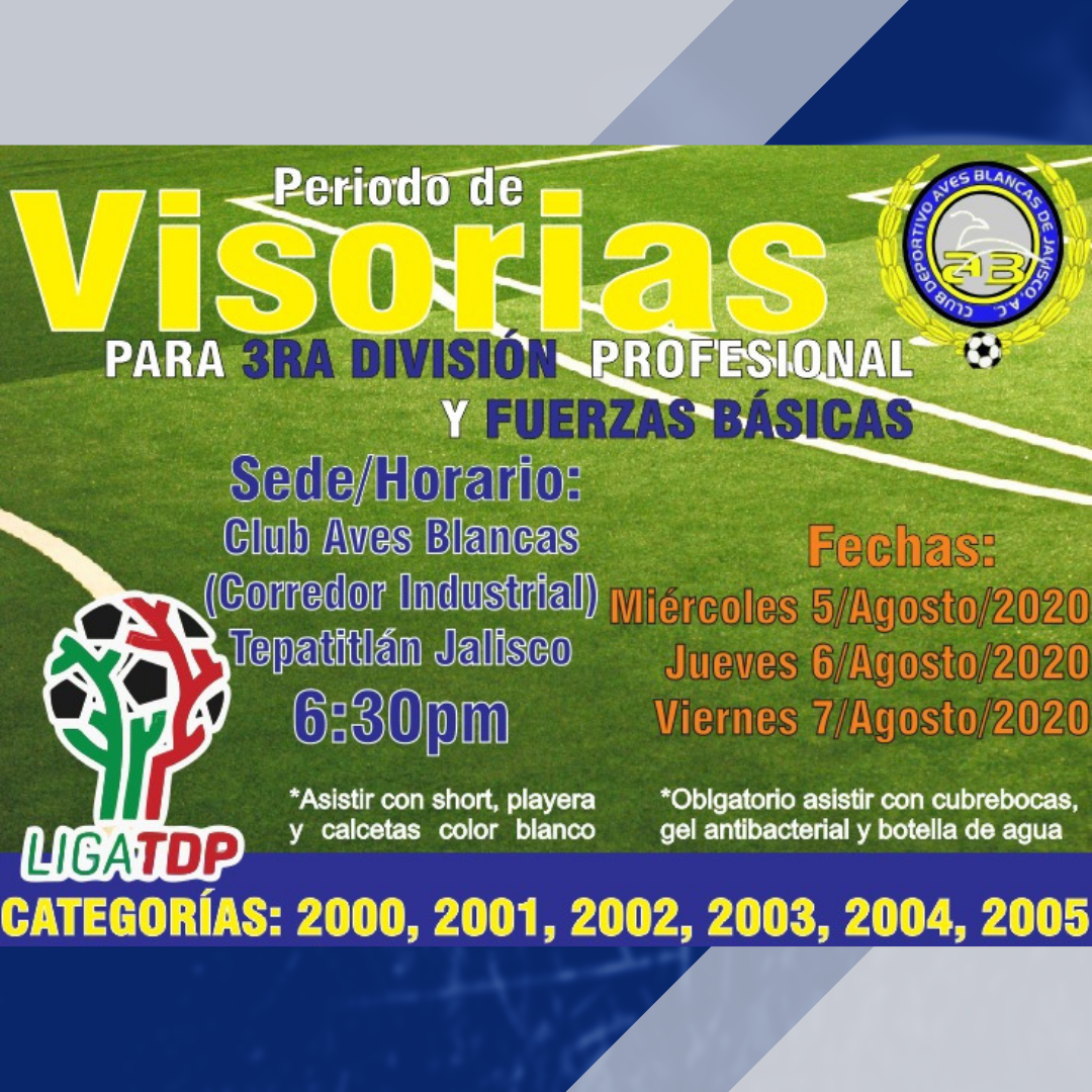 Quieres formar parte de nuestro equipo de Tercera División Profesional o de nuestras fuerzas básicas, asiste a las visorias!

⚪🔵⚽🏃 ⠀
#avesblancas #somosaves #tepatitlan #ligatdp