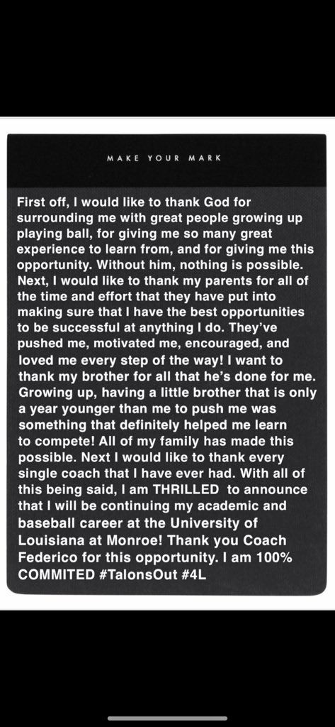 Blessed to announce that I have committed to continuing my academic and athletic career at the University of Louisiana at Monroe! #talonsout ⚾️🦅. <a href="/ULM_BSB/">ULM Baseball</a> <a href="/RebelBaseball1/">WMHS Baseball</a> @LouisianaKnight