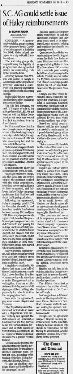 Apparently Louis DeJoy's business (New Breed, Inc.) hosted a fundraiser for Nikki Haley. But they didn't call it a fundraiser, yet she received $$. Haley was investigated for campaign fraud. CLIPPED FROMTimes & DemocratOrangeburg, South Carolina18 Nov 2013, MonPage 3 /10