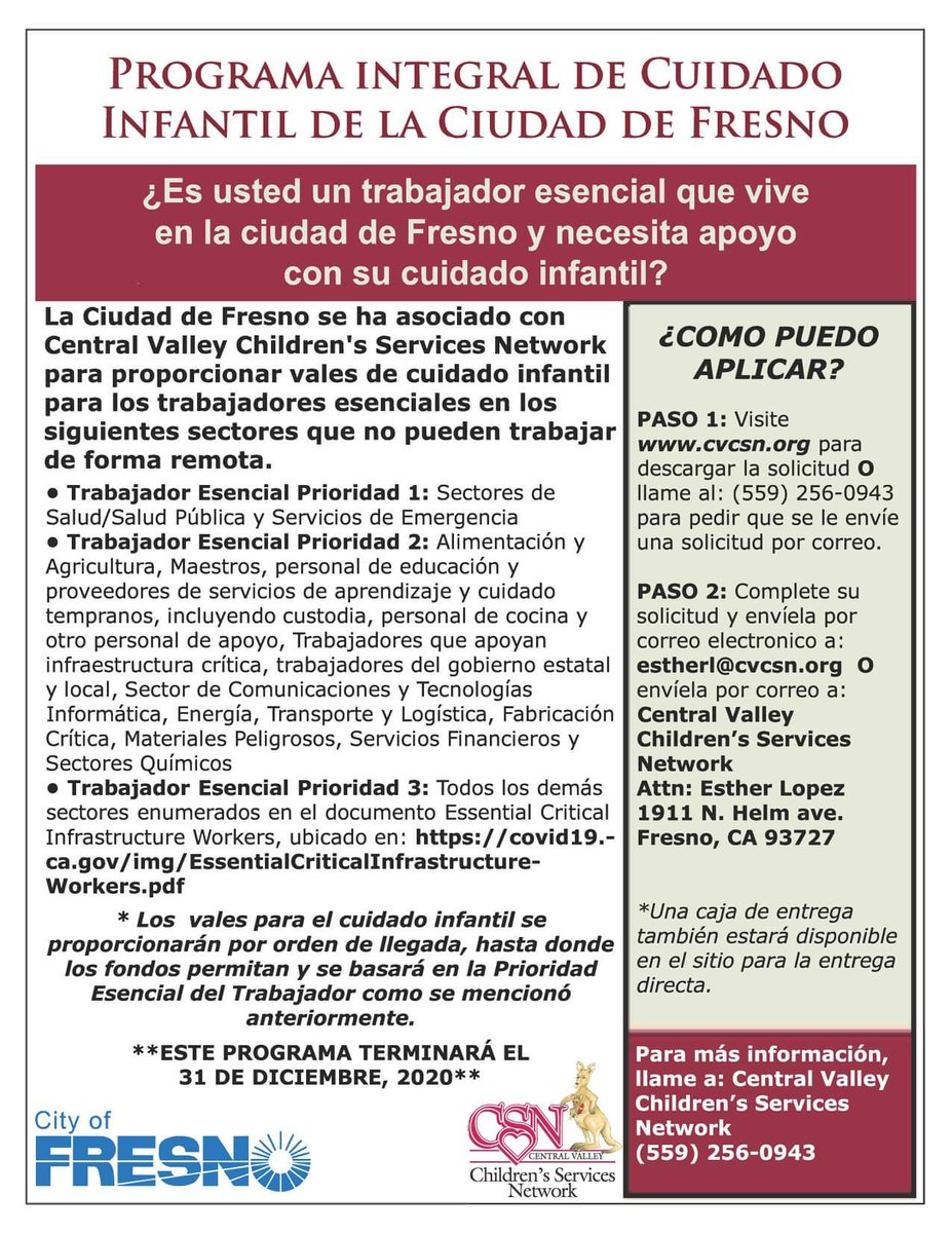 🚨PLEASE SHARE! Are you an Essential Worker living in the City of Fresno and in need of child care? The City of Fresno and Central Valley Children's Services Network wilk provide child care vouchers for essential workers.

TO APPLY: cvcsn.org or call (559) 256-0943