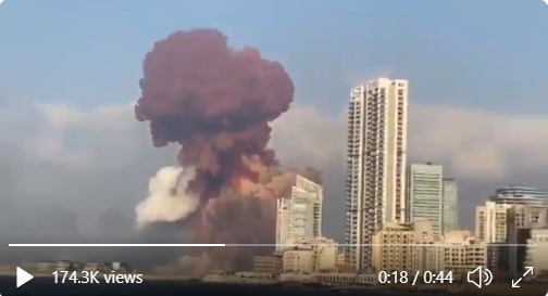 To every single person claiming this was a stockpile of ammonium nitrate blowing up: the smoke cloud from such an explosion would be grey. You know what puts up a dark brown smoke cloud? Octagen, also known as HMX.  https://en.wikipedia.org/wiki/HMX 