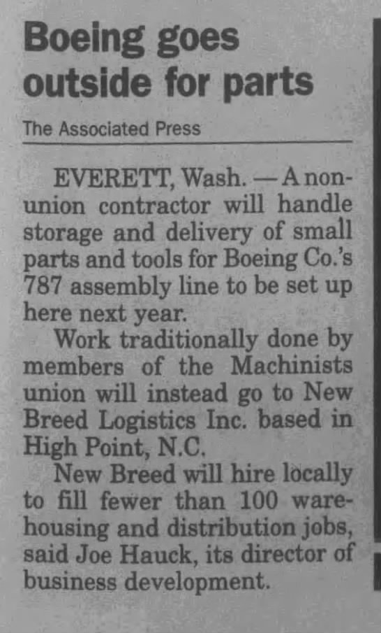 More evidence of relationshp betwn Boeing & DeJoy's biz, New Breed, Inc.In this case, it looks like union busting in WA State.Note also the reference to Joe Hauck, hired by DeJoy's wife in NC. (5-6 of this thread.)Corvallis Gazette-TimesCorvallis, OR27 Feb 2006Pge 7 /13