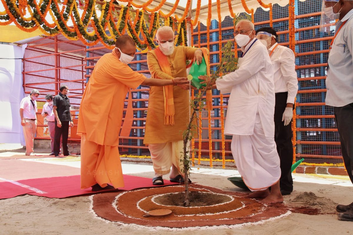 the_hindu's tweet photo. #PMModi lays foundation for Ram temple in  #Ayodhya, bhoomi pujan completed.

Updates: https://t.co/yfHFoArxoX 

#RamMandir 
#RamMandirAyodhya https://t.co/jYkV8CS2kg