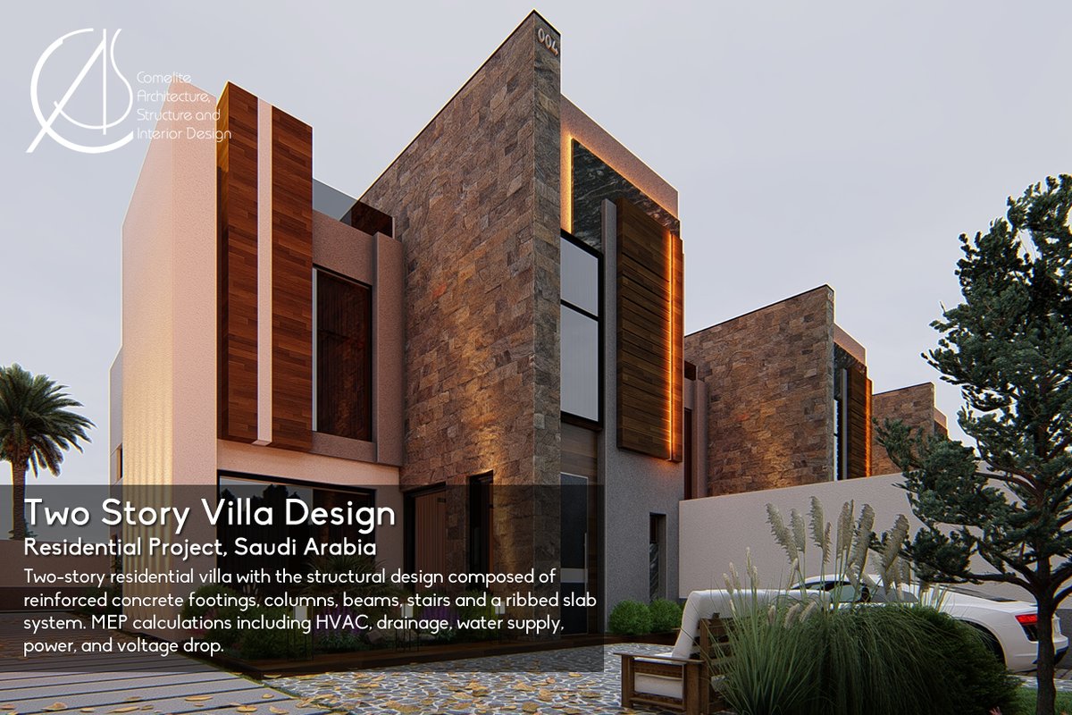 #KSA - #residential two-story #villa - Our engineers did the structural analysis and design of all structural components such as foundation, floor slabs, beams, columns, and stairs. cas-engineers.com/pf/two-story-v… #structuralengineering