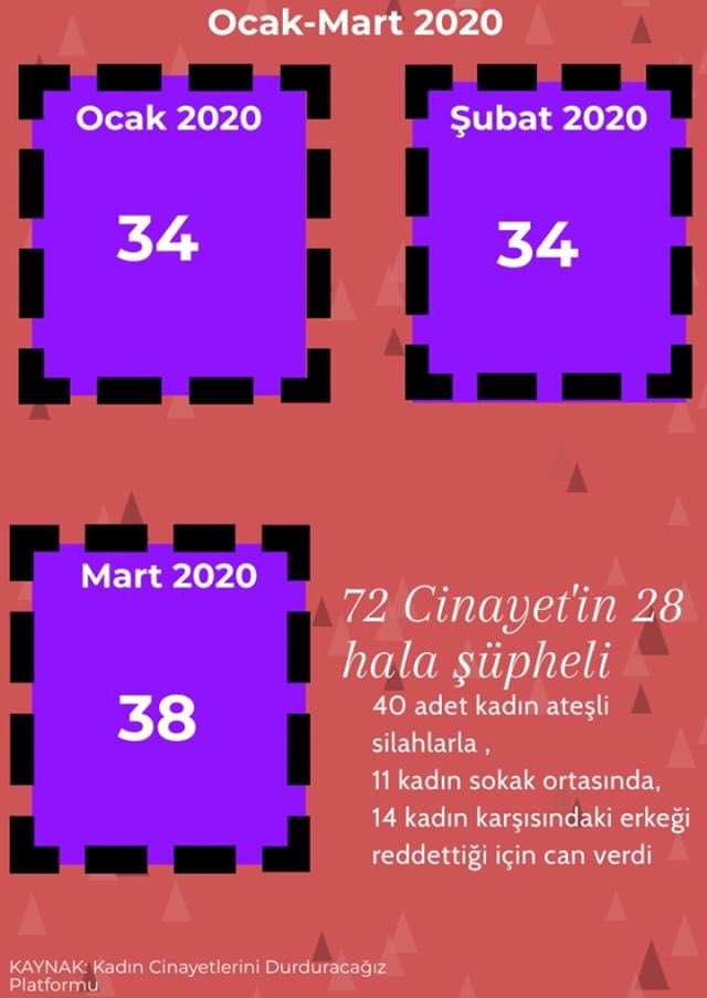 DataSheep's tweet image. 1 Ocak 2020 tarihinden itibaren aylık olarak işlenen kadın cinayetleri sayısı 214 günde toplam 285’e ulaşmıştır. Bu cinayetlerin çoğu ateşli silahlarla işlenmektedir,sokak ortasında ve evlerinde canlarını kaybeden kadın sayısı çok fazladır ve neden de çoğu zaman hayır demeleri.