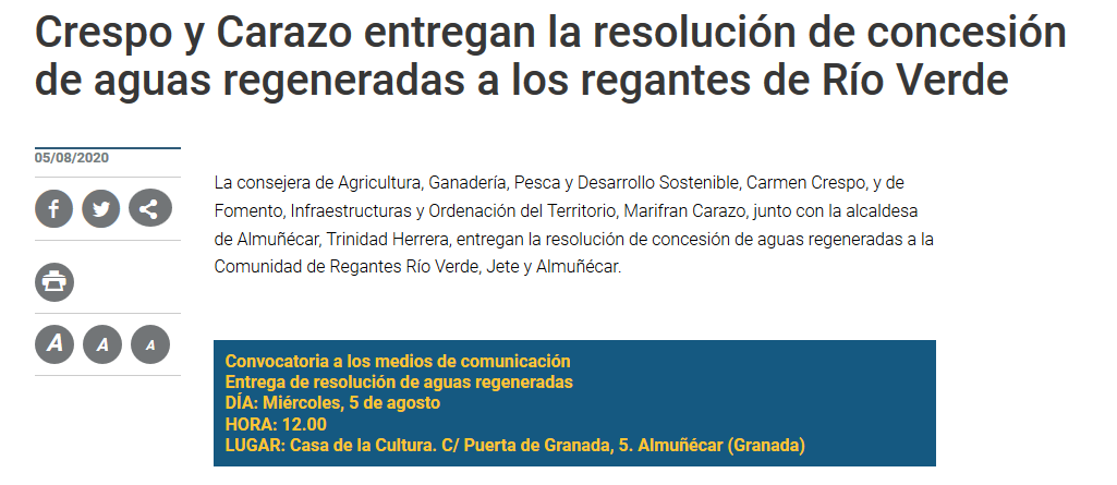 ¡Buenos días!📆 Hoy en agenda del Gobierno andaluz, las  de las consejeras de <a href="/AgriculturAnd/">Consejería AgriPesca</a> y <a href="/FomentoAND/">Consejería de Fomento de la Junta de Andalucía</a> entregan la resolución de concesión de aguas regeneradas a los regantes de Río Verde