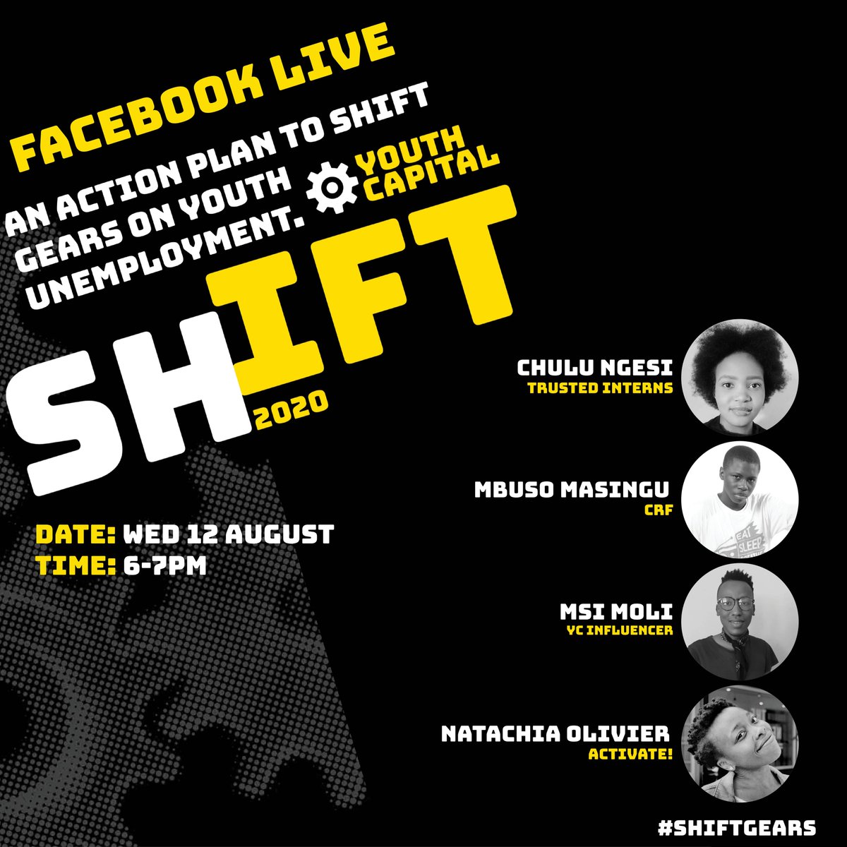YouthCapitalSA's tweet photo. [YOUTH UNEMPLOYMENT] In this live, young people from @TrustedInterns,@CRFprojects/ @BTL_Alexfm, Youth Capital &amp; @ActivateZA will discuss the need for the Youth Capital Action Plan to be implemented to shift gears on youth unemployment.
Join us https://t.co/mF95zB8aLy
#ShiftGears https://t.co/WU1jtTNFv7
